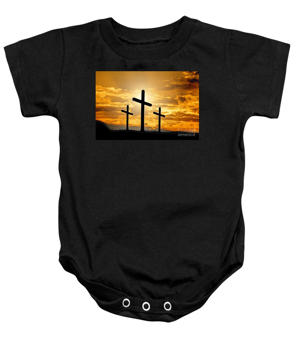 Crucifixion Baby Onesie featuring the digital art Crucifixion of Jesus Christ Sunset by Walter Herrit