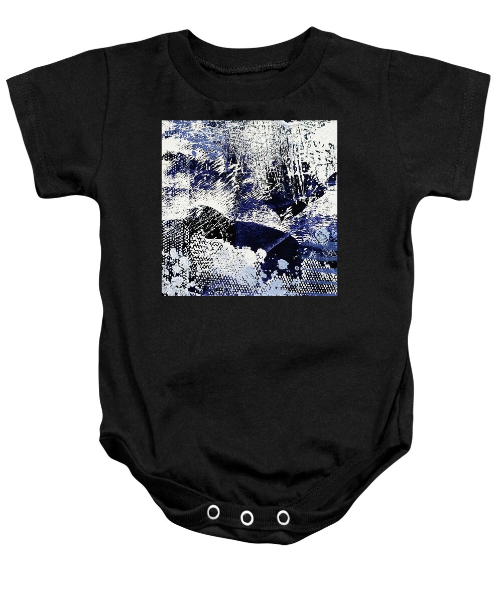 Indigo Baby Onesie featuring the painting CRYSTALIZED Indigo Blue and White Abstract by Lynnie Lang