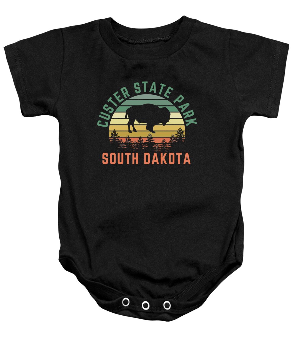 Custer State Park Baby Onesie featuring the digital art Custer State Park South Dakota Buffalo Retro Sunset Bison by Aaron Geraud