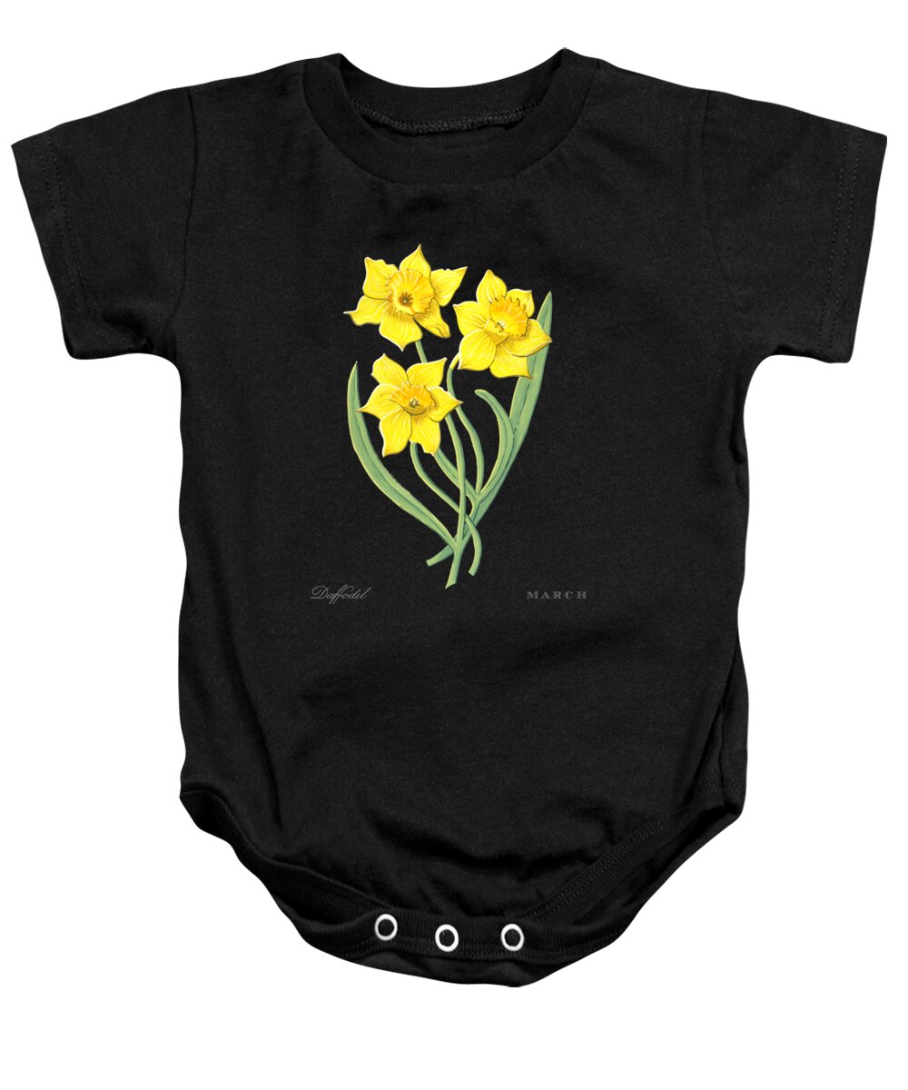 Daffodil Baby Onesie featuring the painting Daffodil March Birth Month Flower Botanical Print on Black - Art by Jen Montgomery by Jen Montgomery
