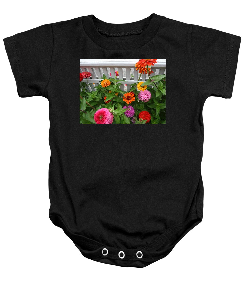 Zinnias Baby Onesie featuring the photograph Zinnias by Harvest Moon Photography By Cheryl Ellis