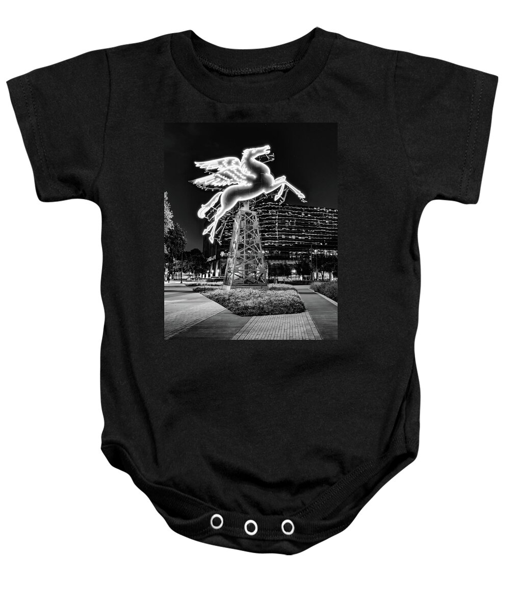 Dallas Images Baby Onesie featuring the photograph Dallas Pegasus Lights in Black and White by Gregory Ballos