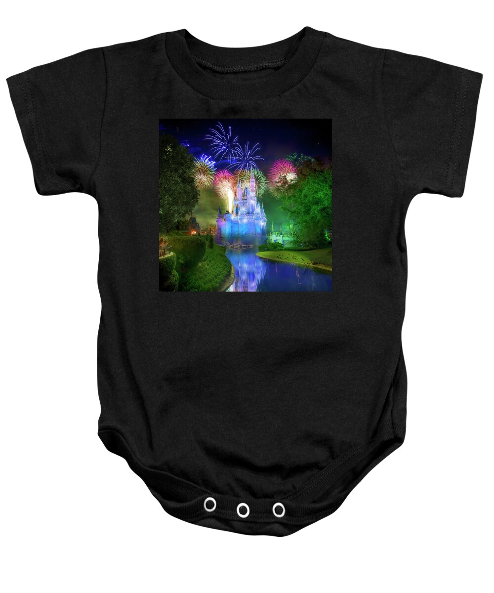 Magic Kingdom Baby Onesie featuring the photograph Disney's Fantasy in the Sky Fireworks by Mark Andrew Thomas
