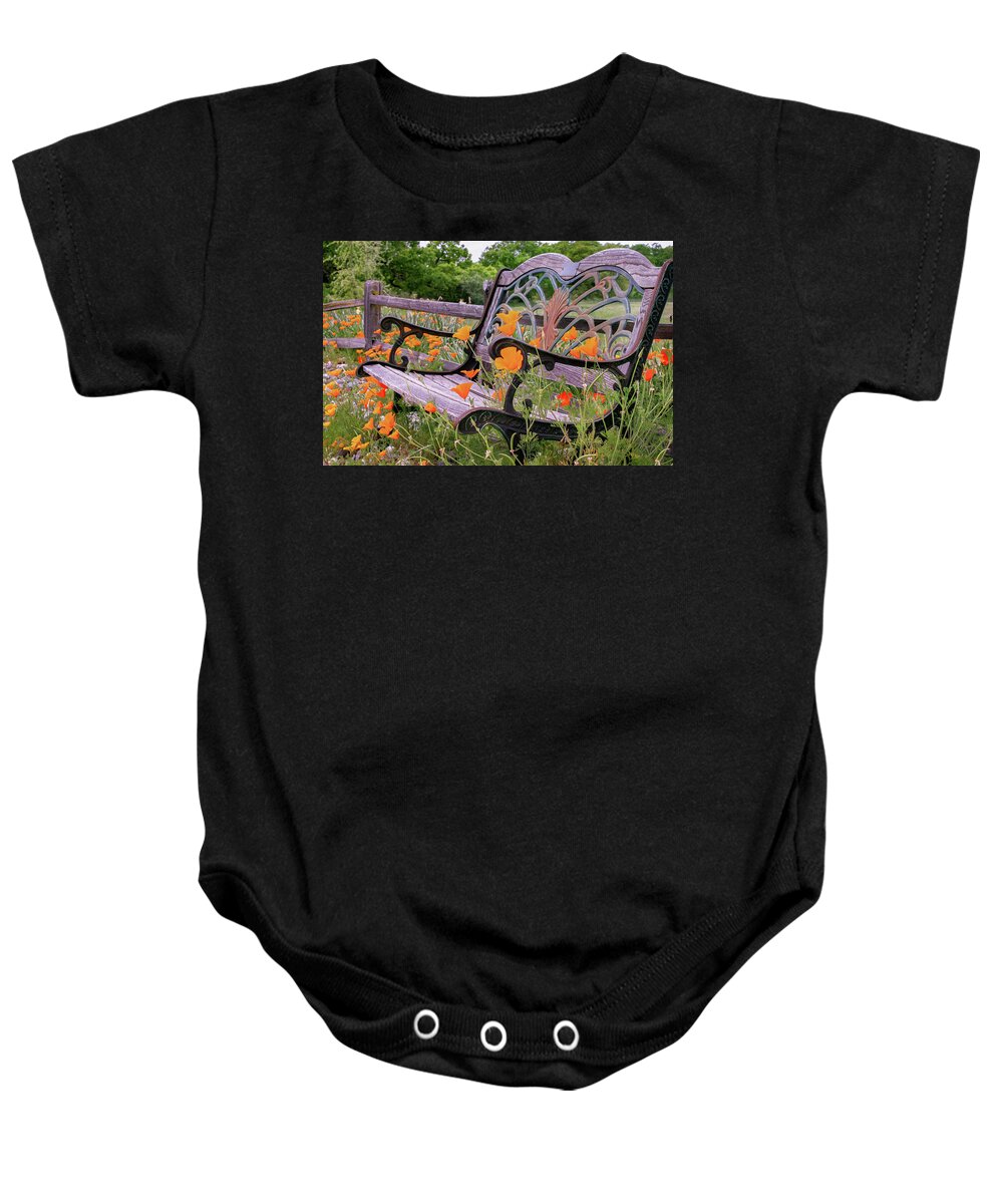 California Poppies Baby Onesie featuring the photograph Don't Sit on the Poppies by Sally Bauer
