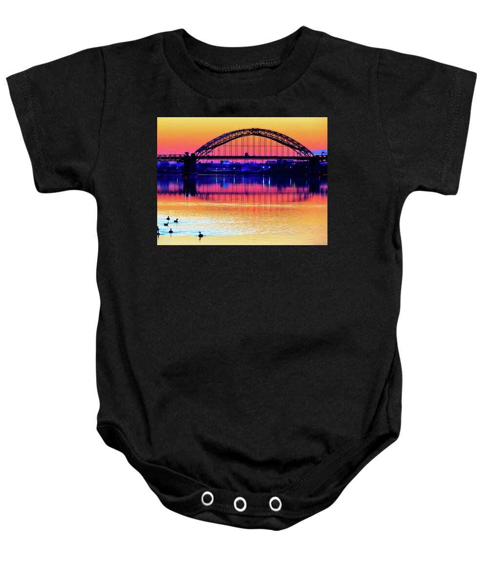 Bridge Baby Onesie featuring the photograph Drenched in Sunset Colors by Linda Stern