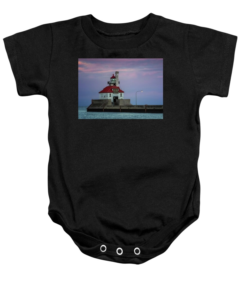 Duluth Lighthouse Baby Onesie featuring the photograph Duluth South Breakwater Outer Light After Sunset by Susan Rissi Tregoning