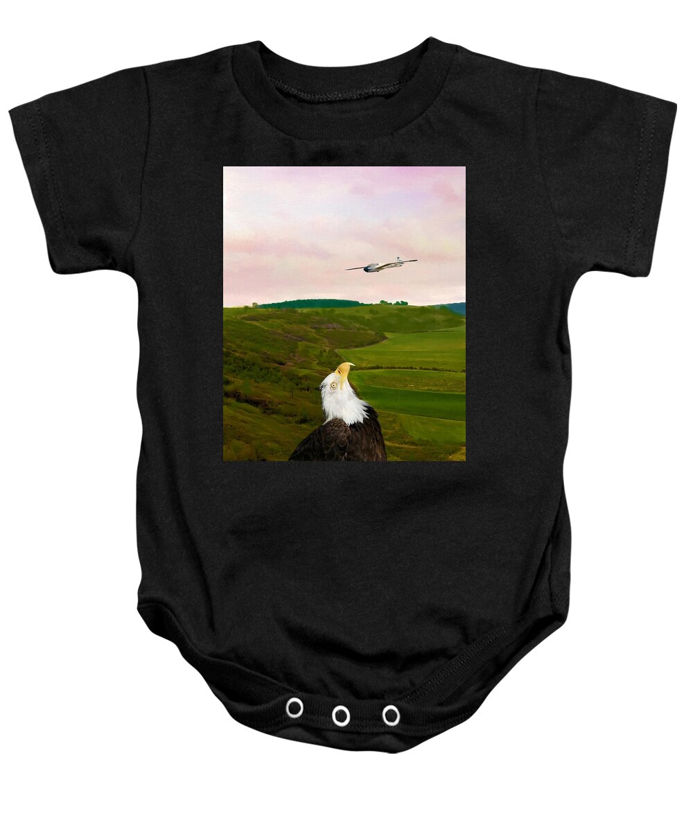 Eagle Baby Onesie featuring the photograph Eagle Watches Unusual Bird Fly Over Her Habitat by Sandi OReilly