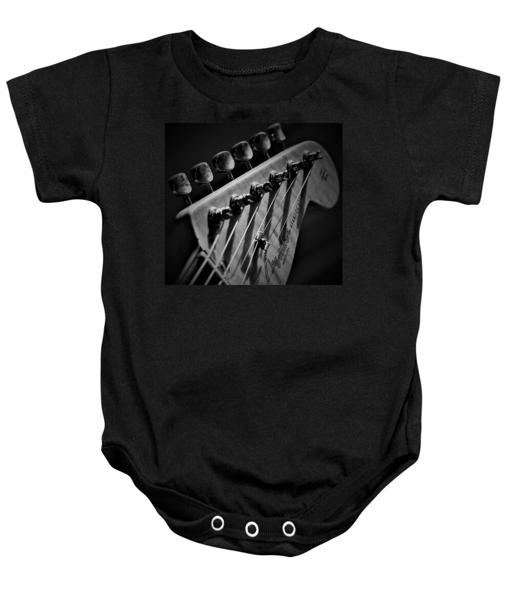 Vintage Baby Onesie featuring the photograph Vintage Fender Stratocaster Headstock 1 by Guitarwacky Fine Art