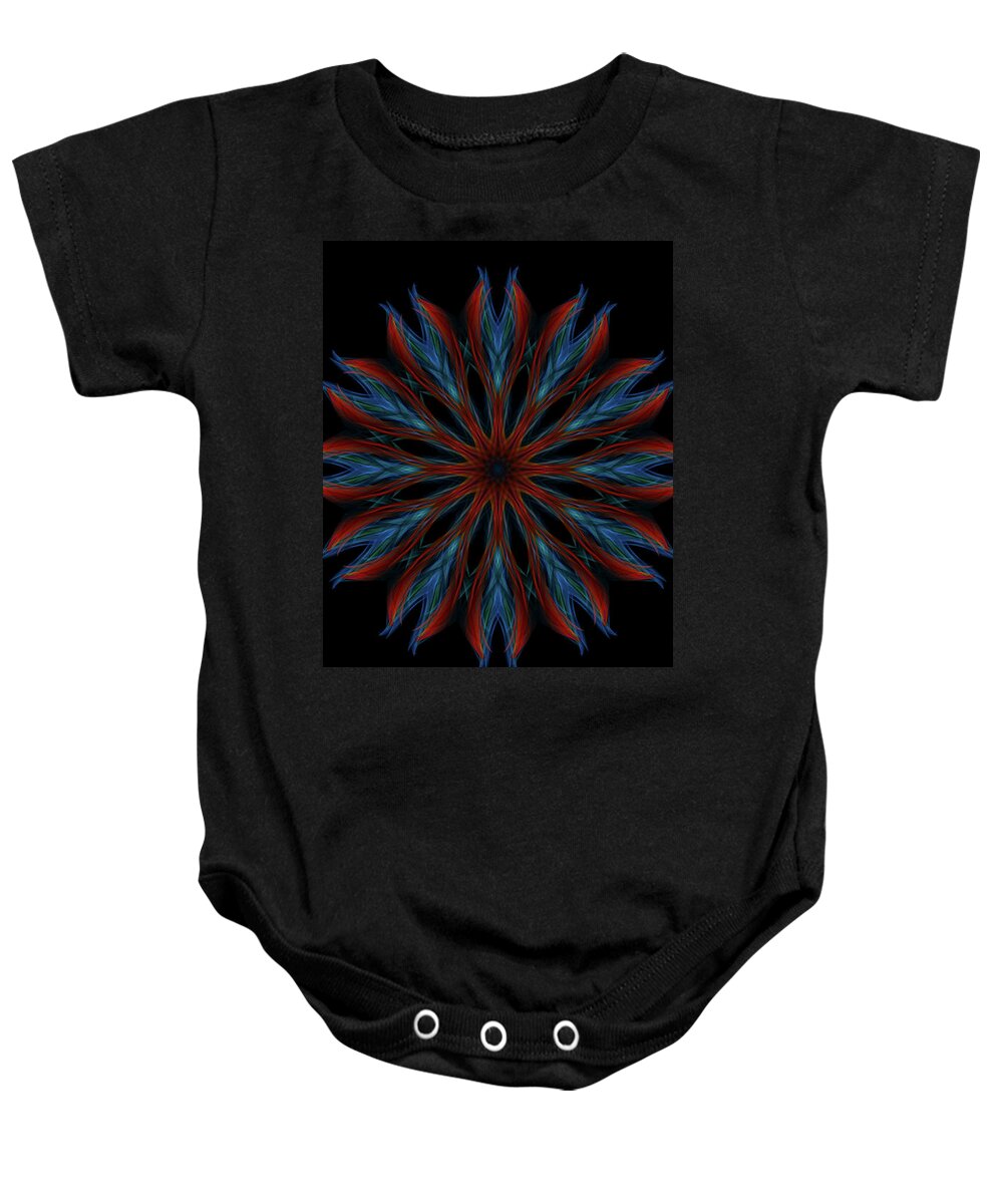 The Kosmic Fire And Ice Mandala Is A Beautiful And Intricate Design That Blends The Elements Of Fire And Ice Into A Stunning Symmetrical Pattern. The Design Features A Central Fire-like Circle Surrounded By A Ring Of Icy-blue Petals. The Petals Are Decorated With Intricate Designs That Evoke The Beauty Of Snowflakes Baby Onesie featuring the digital art Fire and Ice Mandala by Michael Canteen