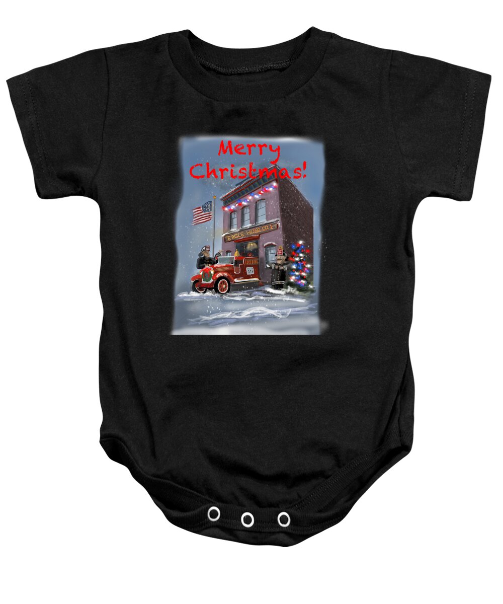 Happy Holidays Baby Onesie featuring the digital art Firehouse Merry Christmas by Doug Gist