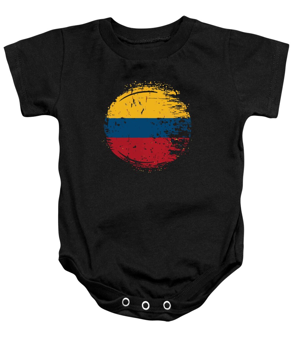 Colombian Heritage Baby Onesie featuring the digital art Flag of Colombia Distressed by Flippin Sweet Gear