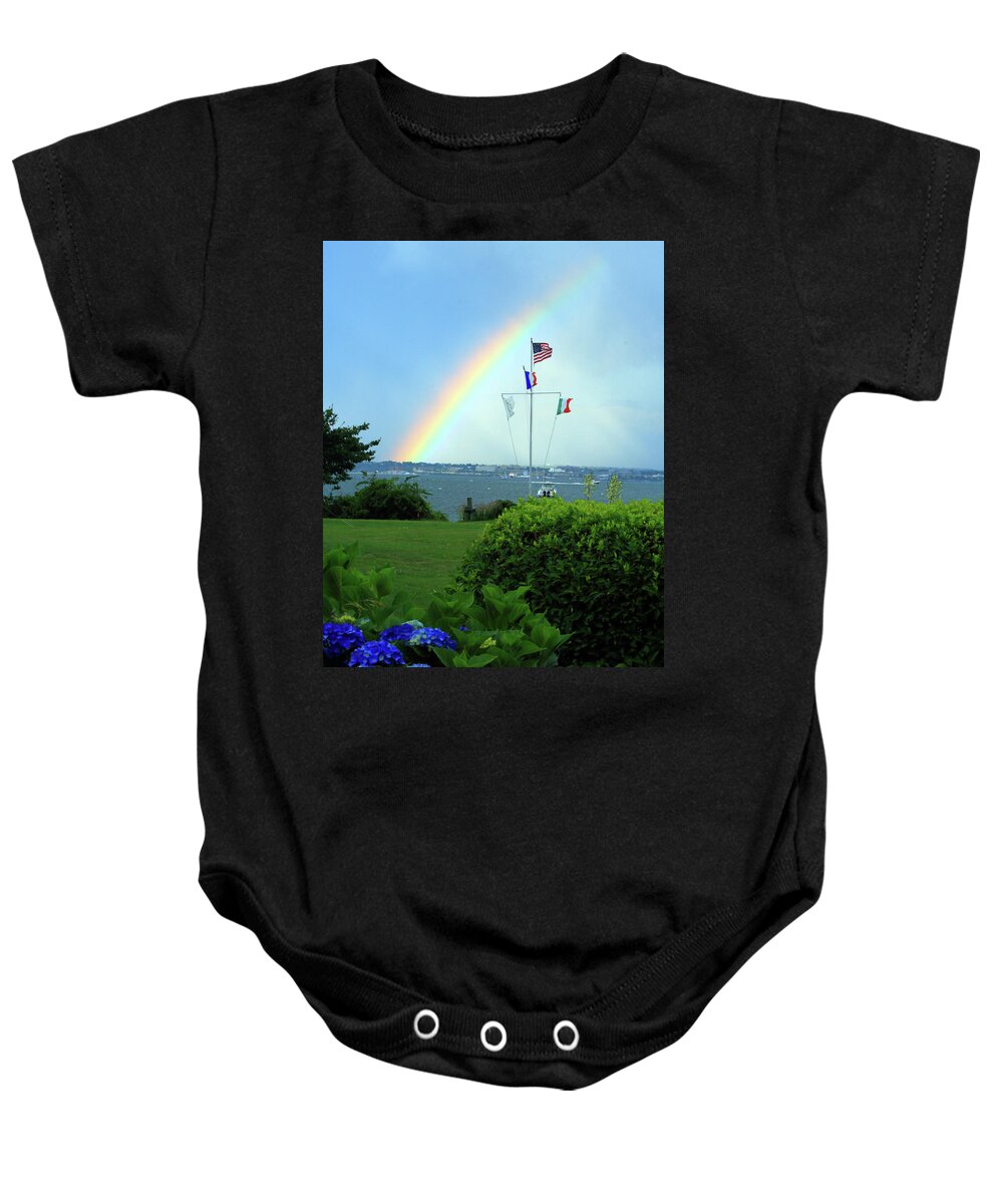 Flag Baby Onesie featuring the photograph Flags with a rainbow by Jim Feldman