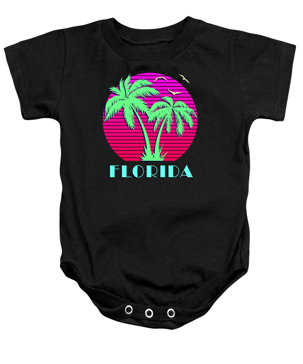 Classic Baby Onesie featuring the digital art Florida Retro Palm Trees Sunset by Filip Schpindel