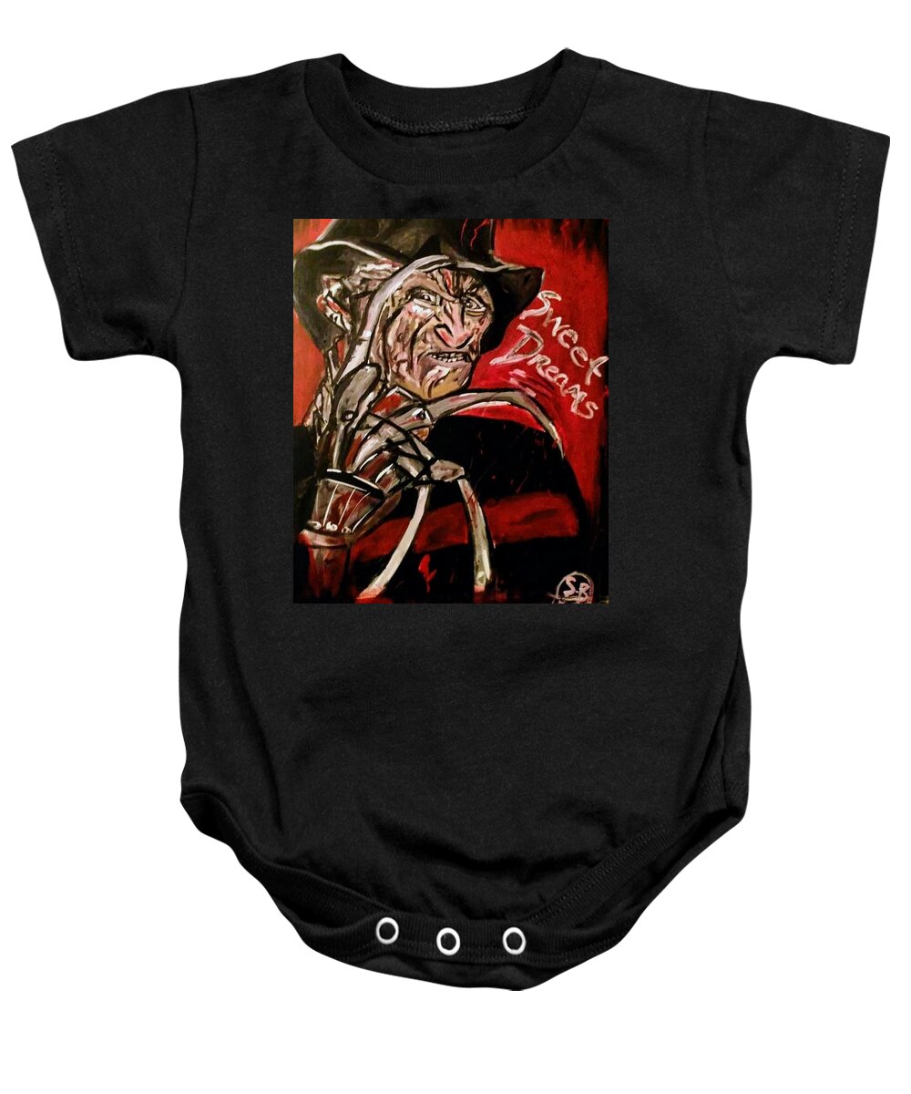 He Still Scares Me As An Adult ❤️ Baby Onesie featuring the painting Freddy Krueger by Shemika Bussey