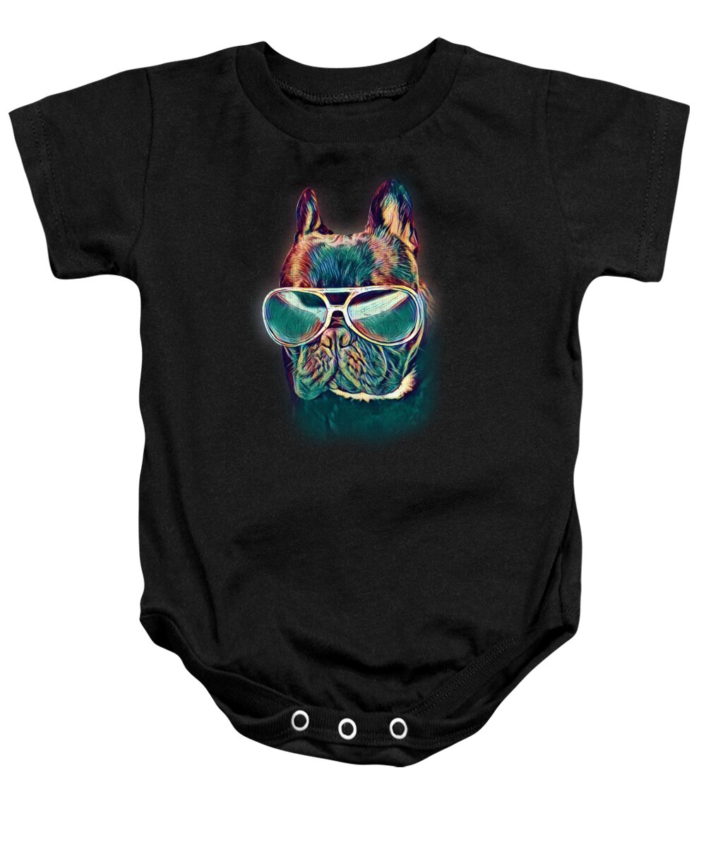 Dog Baby Onesie featuring the digital art French Bulldog Colorful Neon Dog Frenchie Sunglasses by Jacob Zelazny