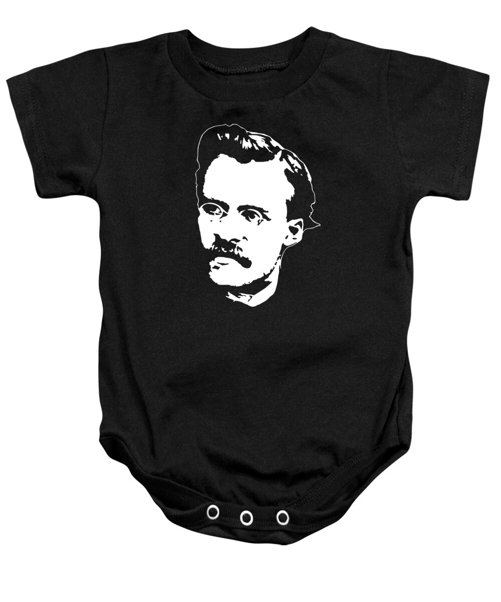 Friedrich Nietzsche Baby Onesie featuring the digital art Friedrich Nietzsche White On Black by Megan Miller