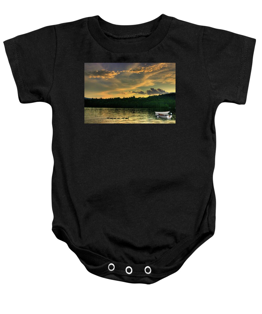 Geese Baby Onesie featuring the photograph Geese with Boats by Wayne King