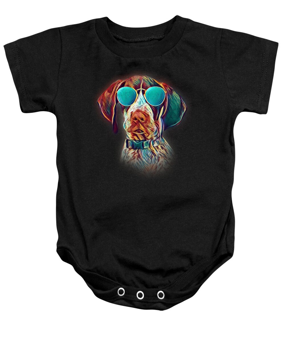 Dog Baby Onesie featuring the digital art German Shorthaired Pointer Colorful Neon Dog Sunglasses by Jacob Zelazny