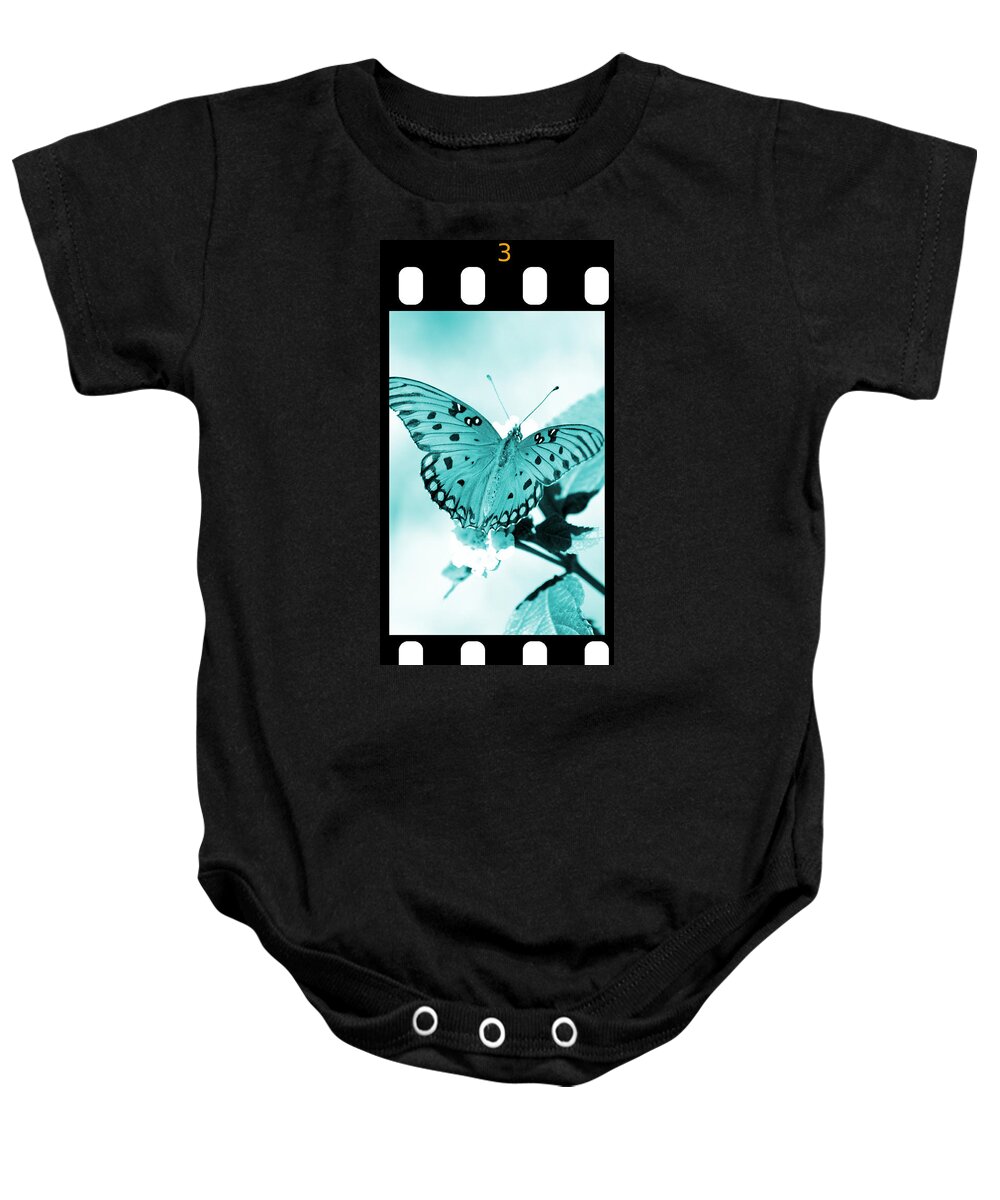 Gulf Baby Onesie featuring the photograph Gulf Fritillary Butterfly Cyan Filmstrip 3 by David Weeks