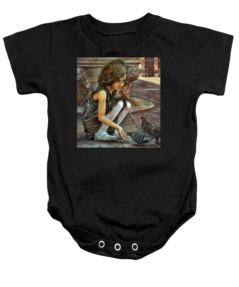 Girl Baby Onesie featuring the painting Girl and Doves by Arthur Braginsky