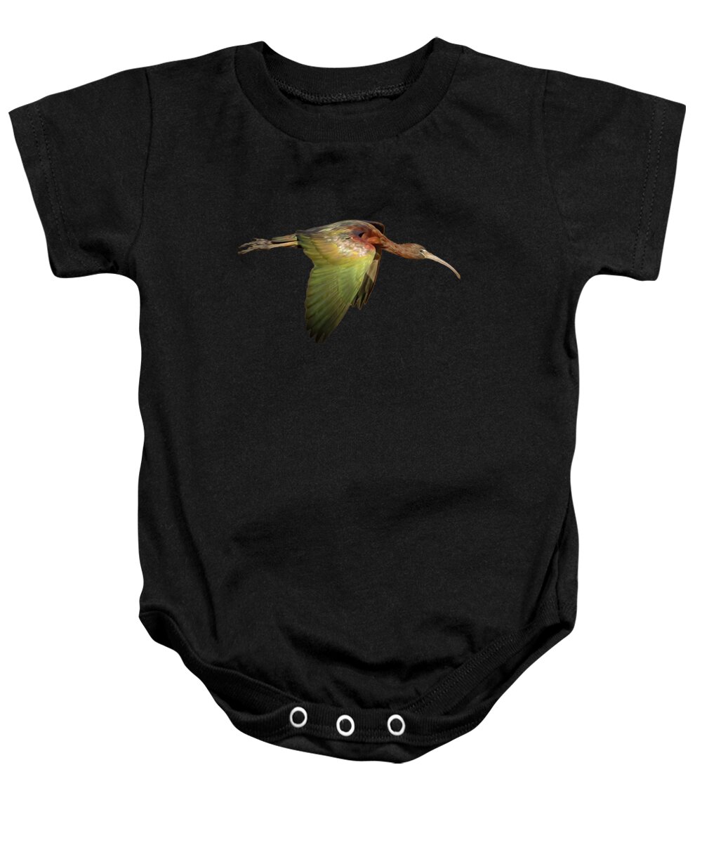 Ibis Baby Onesie featuring the photograph Glossy Ibis in Flight by Mark Andrew Thomas