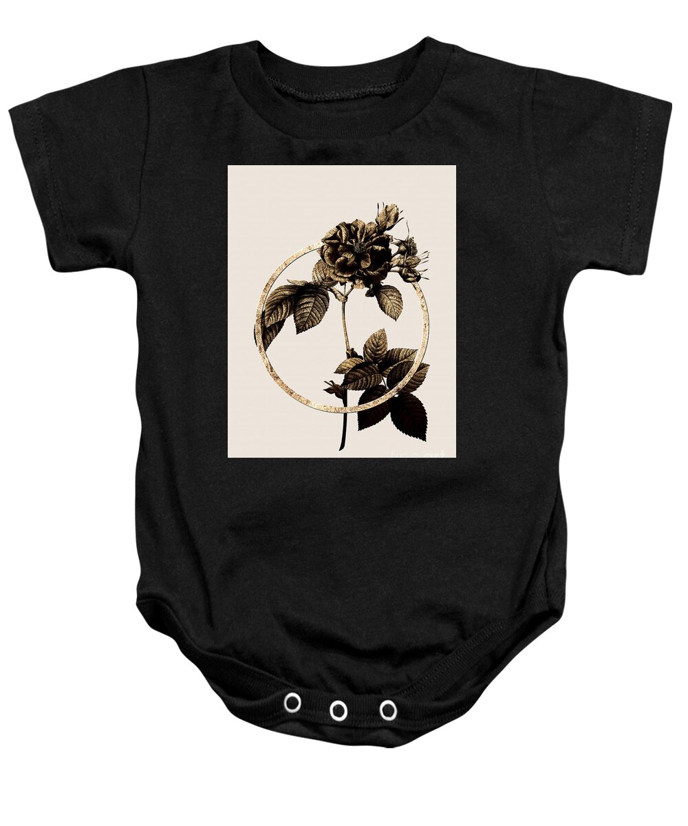 Vintage Baby Onesie featuring the painting Gold Ring Pink Francfort Rose Botanical Illustration Black and Gold n.0384 by Holy Rock Design