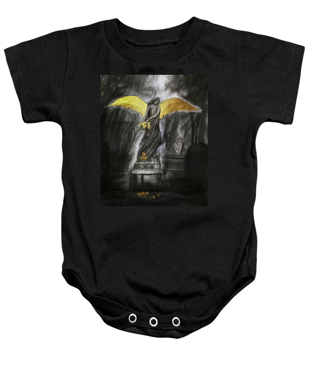 Charcoal Art Baby Onesie featuring the drawing Golden Wings by Nadija Armusik