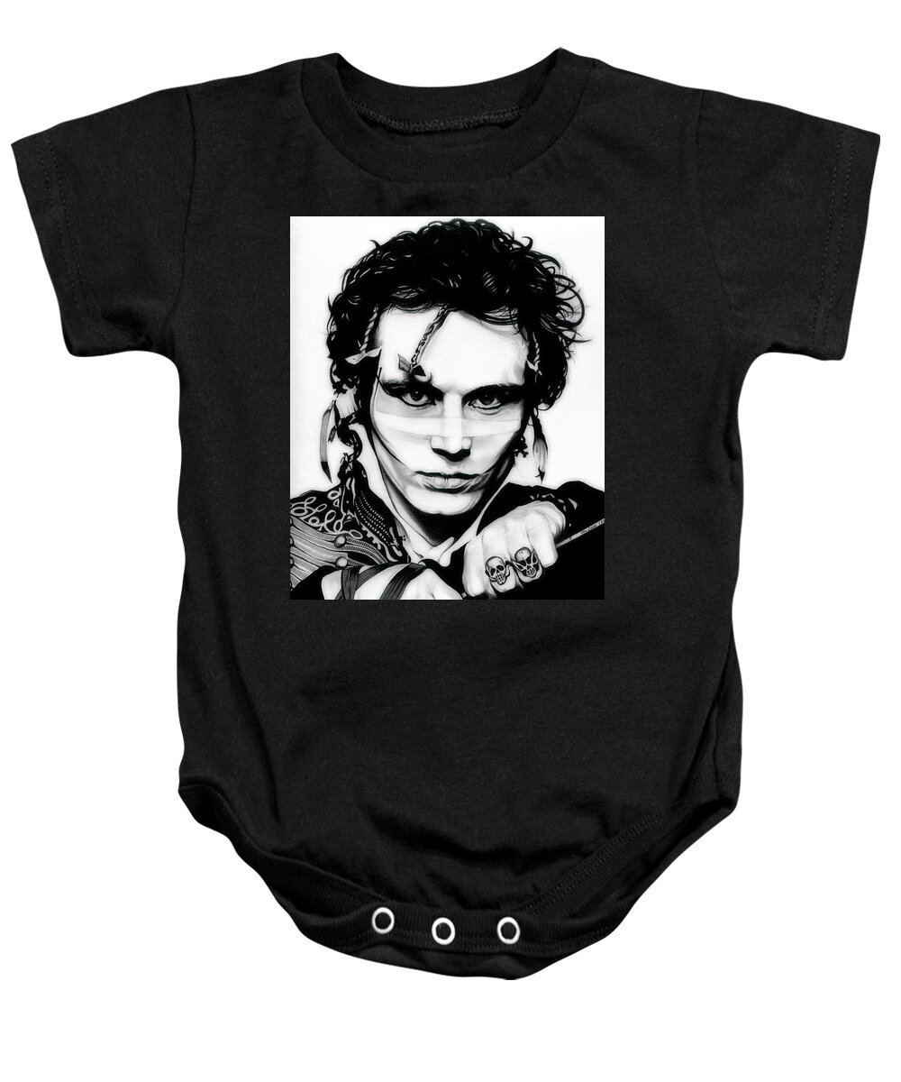Adam Ant Baby Onesie featuring the drawing Goody two shoes - Adam Ant - Original Black and White Edition by Fred Larucci