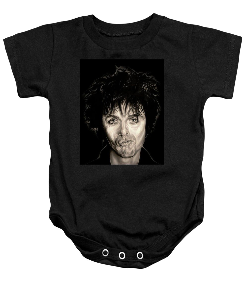Billy Joe Armstrong Baby Onesie featuring the drawing Green Day - Black Back Sepia Edition by Fred Larucci