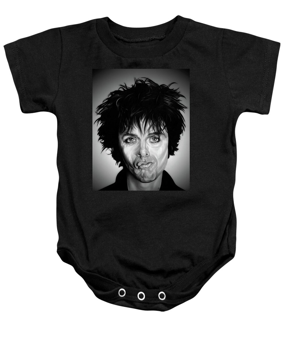 Billy Joe Armstrong Baby Onesie featuring the drawing Green Day - White Back, Black and White Edition by Fred Larucci