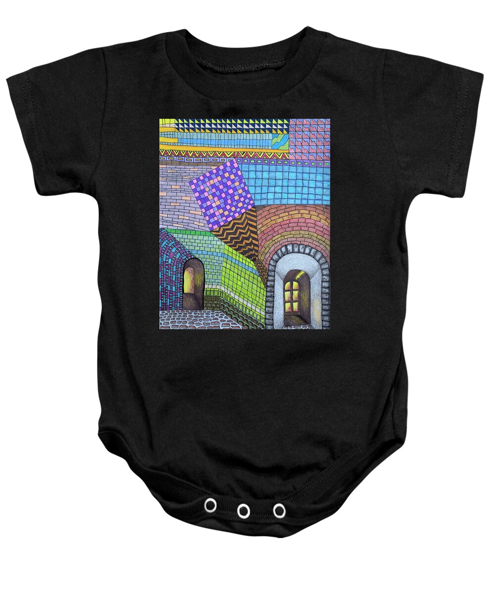 Fantasy Baby Onesie featuring the drawing Hermit's castle by Lorena Cassady
