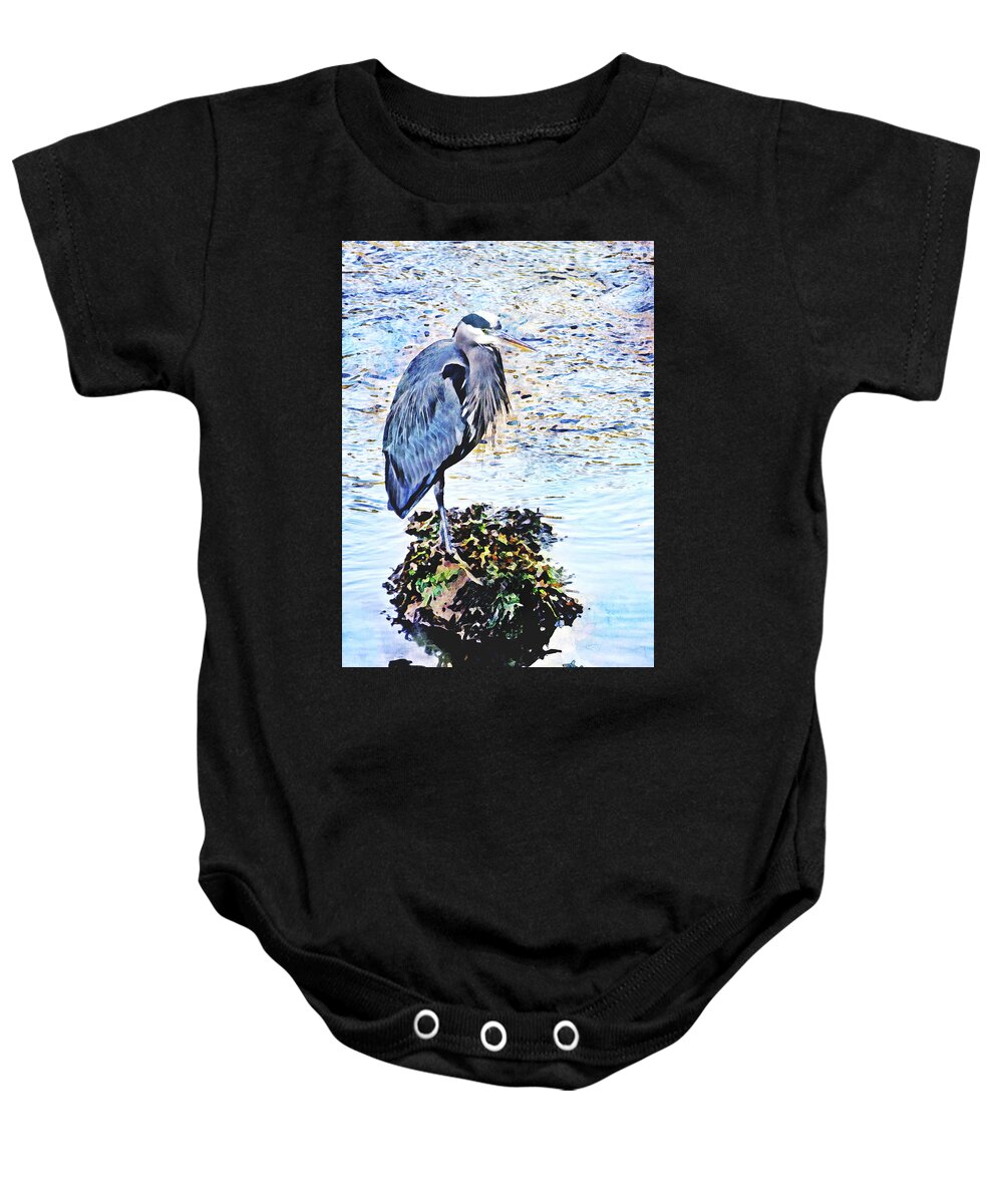 Herons Baby Onesie featuring the photograph Heron Fishing at Low Tide Watercolor by Peggy Collins