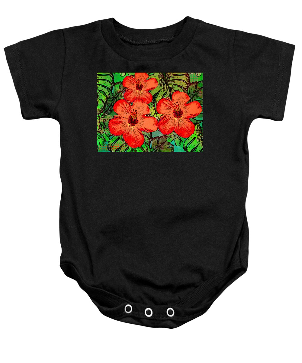 Hibiscus Baby Onesie featuring the digital art Hibiscus and Philodendrons by Sandra Selle Rodriguez