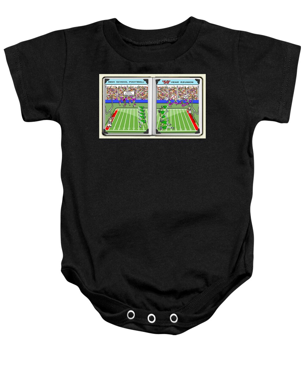 Whimsical Baby Onesie featuring the mixed media High School Football 50-Year Reunion - Whimsical by Kelly Mills