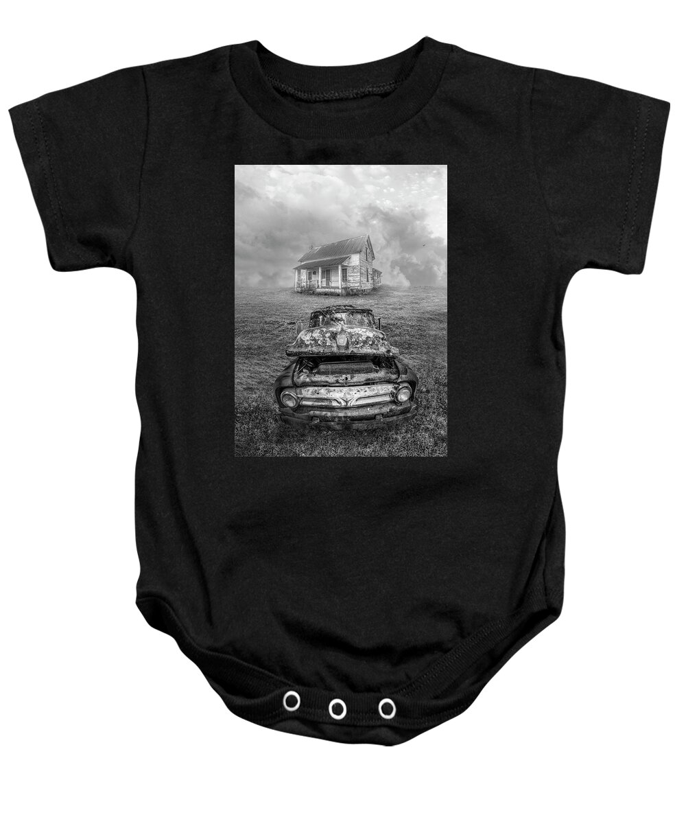Truck Baby Onesie featuring the photograph Holding On Black and White by Debra and Dave Vanderlaan