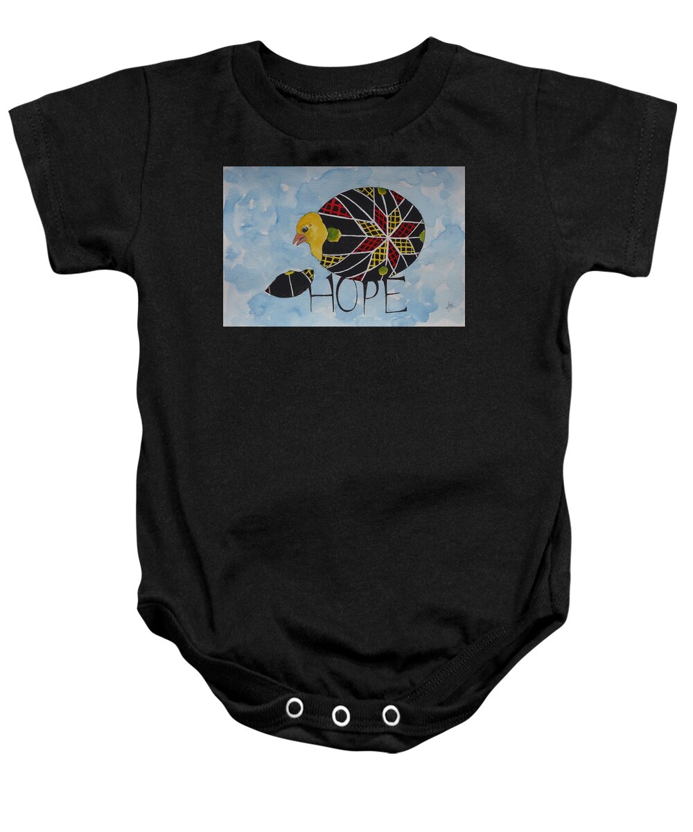 Hope Baby Onesie featuring the mixed media Hope egg by Lisa Mutch