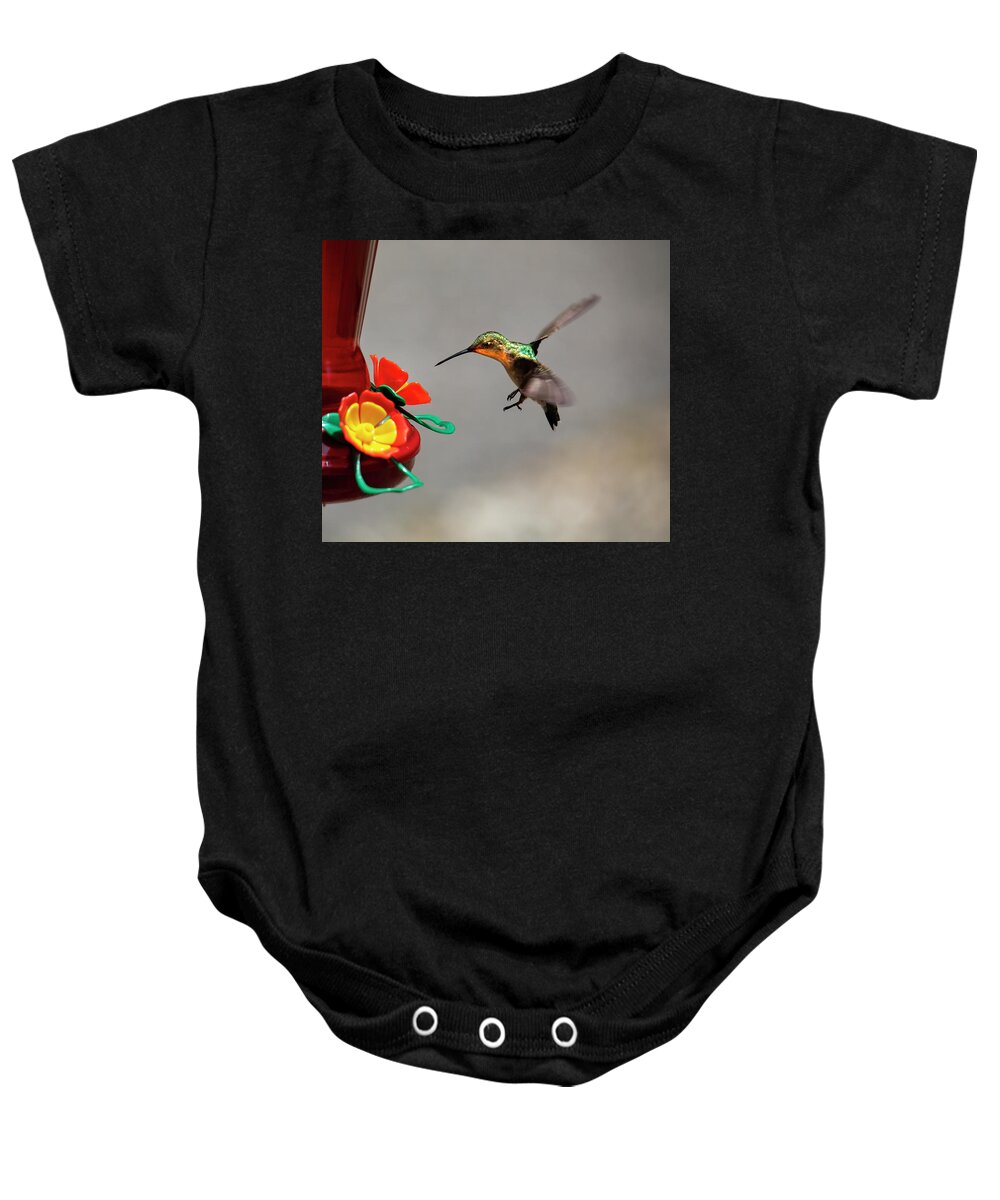 Hummingbird Baby Onesie featuring the photograph Hummingbird Approaches Nectar Feeder by Charles Floyd