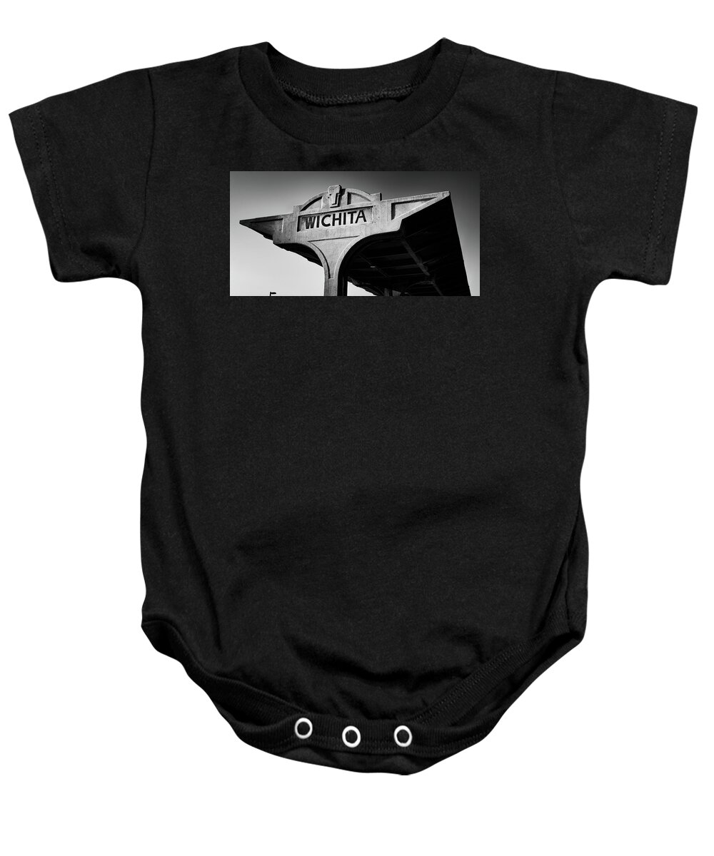 Wichita Kansas Baby Onesie featuring the photograph Iconic Wichita Kansas Union Station Architectural Panorama in Black and White by Gregory Ballos