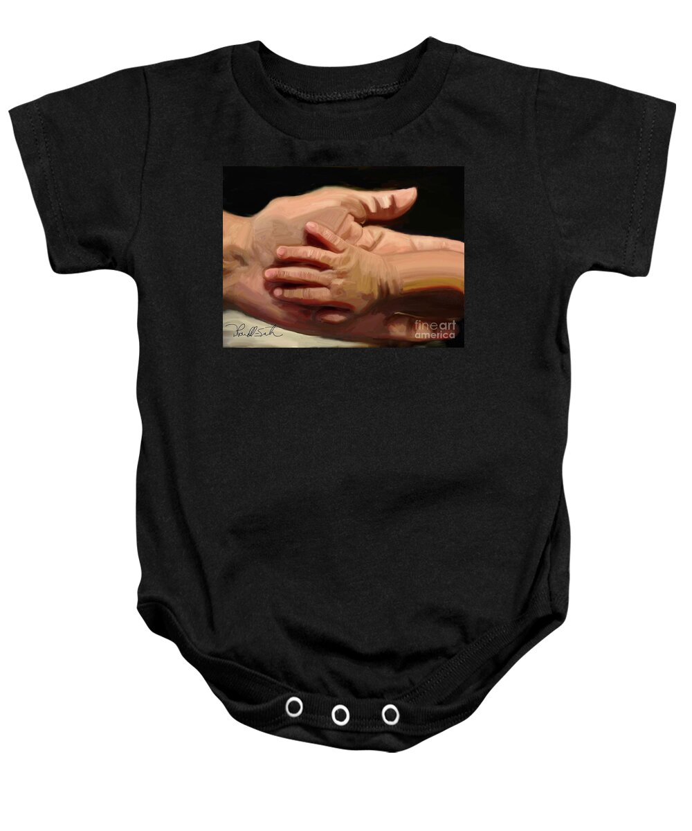 Hand In Hand Baby Onesie featuring the digital art In Grandmas Hand by D Powell-Smith