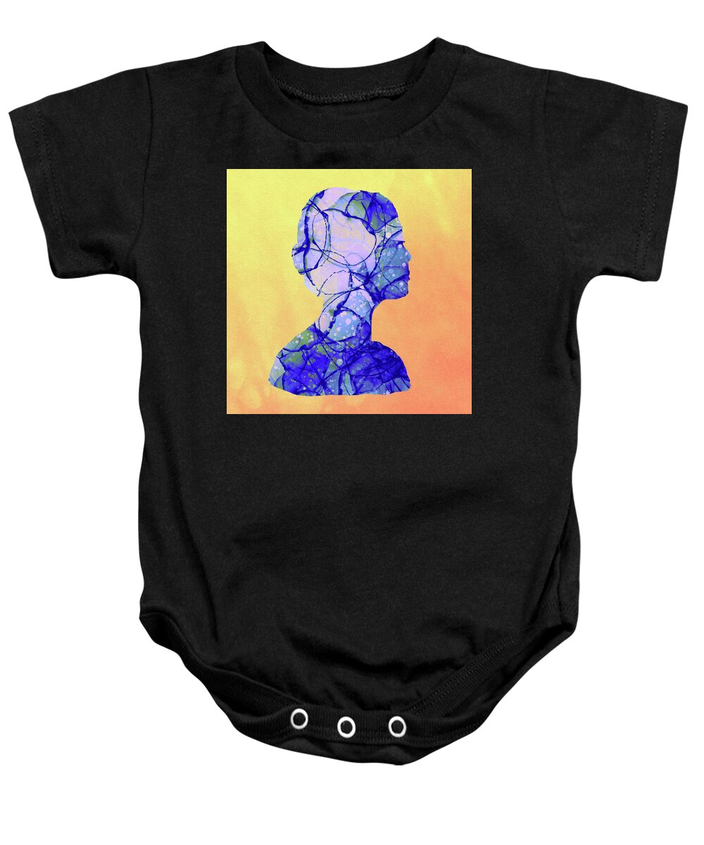 Modern Baby Onesie featuring the mixed media Modern Abstract Portrait in Blue and Yellow Inner goddess by Itsonlythemoon