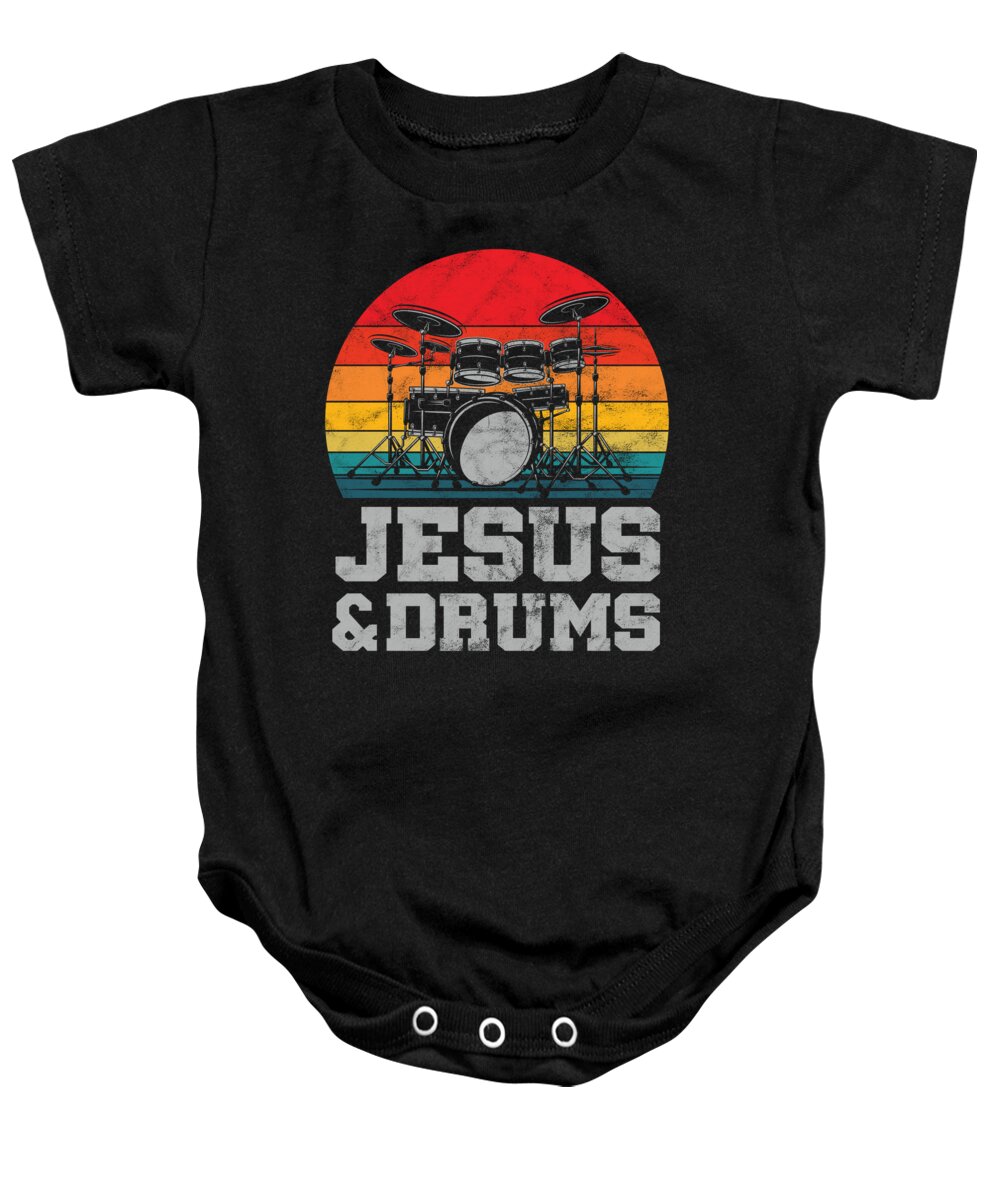 Jesus And Drums Baby Onesie featuring the digital art Jesus and Drums Drummer by Michael S