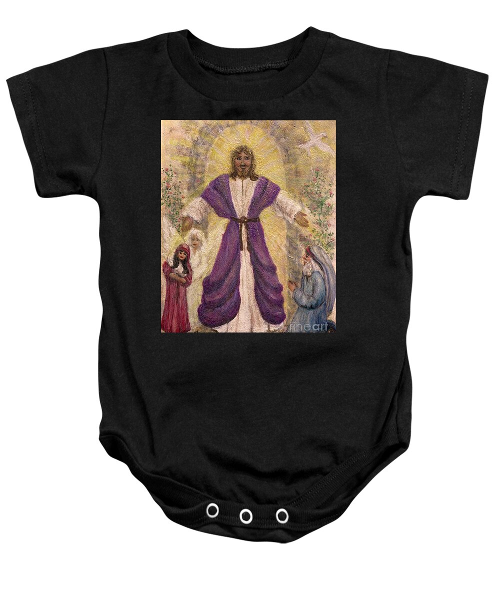 Jesus Saves Baby Onesie featuring the painting Jesus Saves by Bonnie Marie