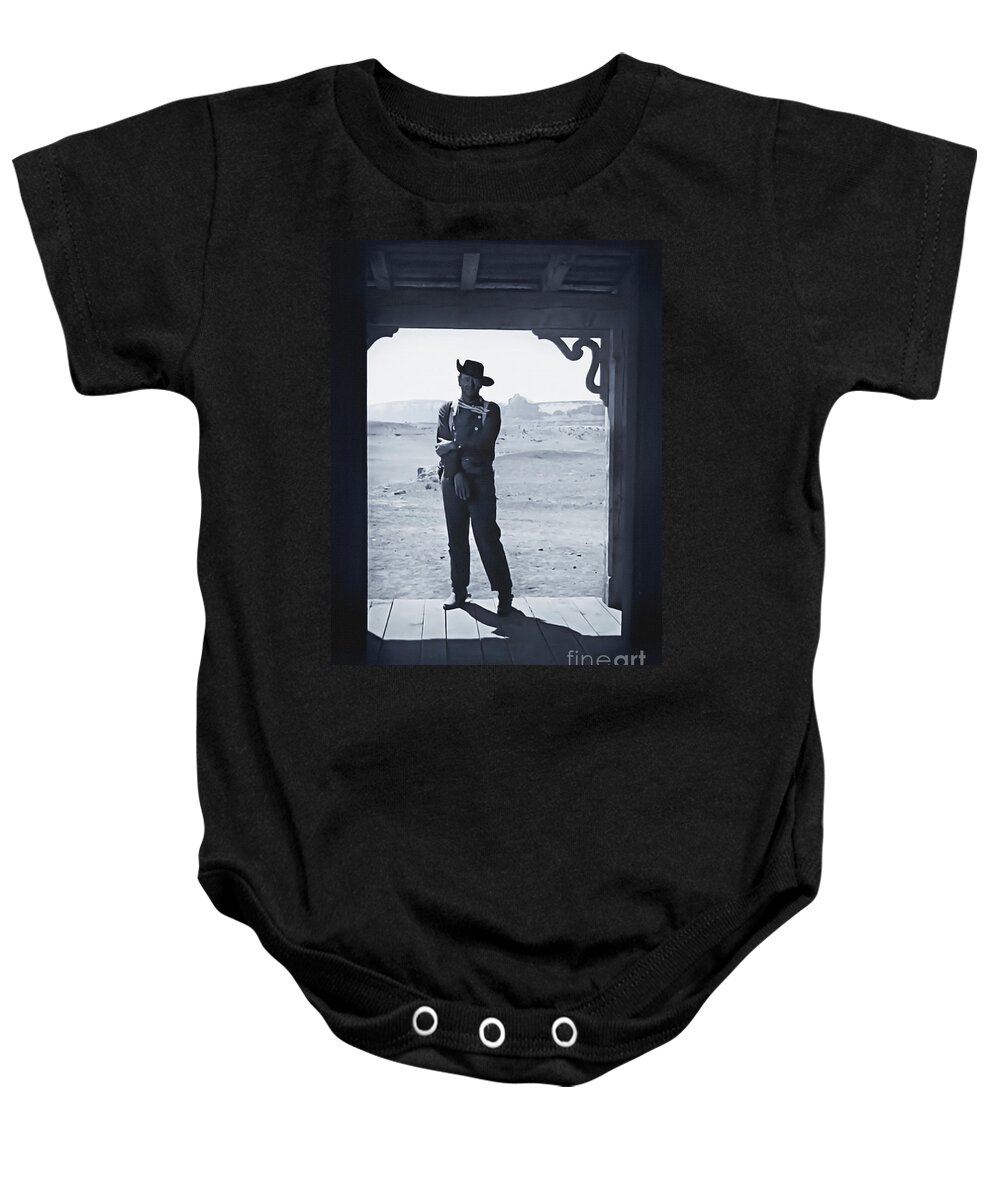 John Baby Onesie featuring the mixed media John Wayne in The Searchers - Silver Print by KulturArts Studio