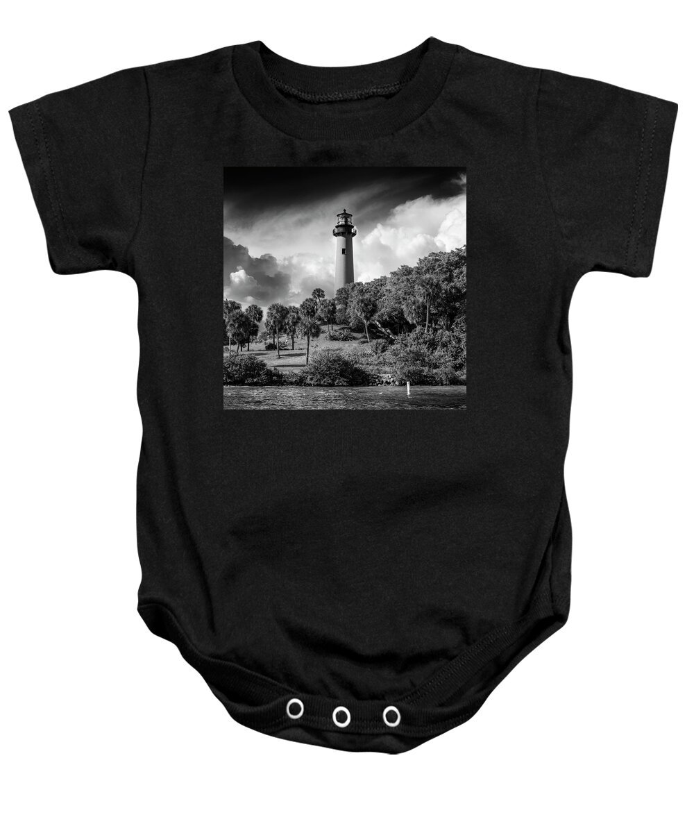 Lighthouses Baby Onesie featuring the photograph Jupiter Lighthouse bw sq by Laura Fasulo