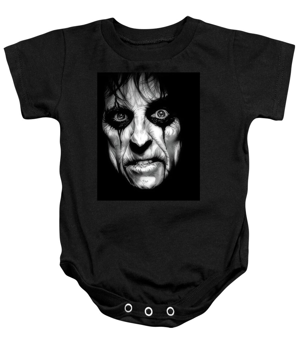 Alice Cooper Baby Onesie featuring the drawing Killer - Alice Cooper - Black and White Edition by Fred Larucci