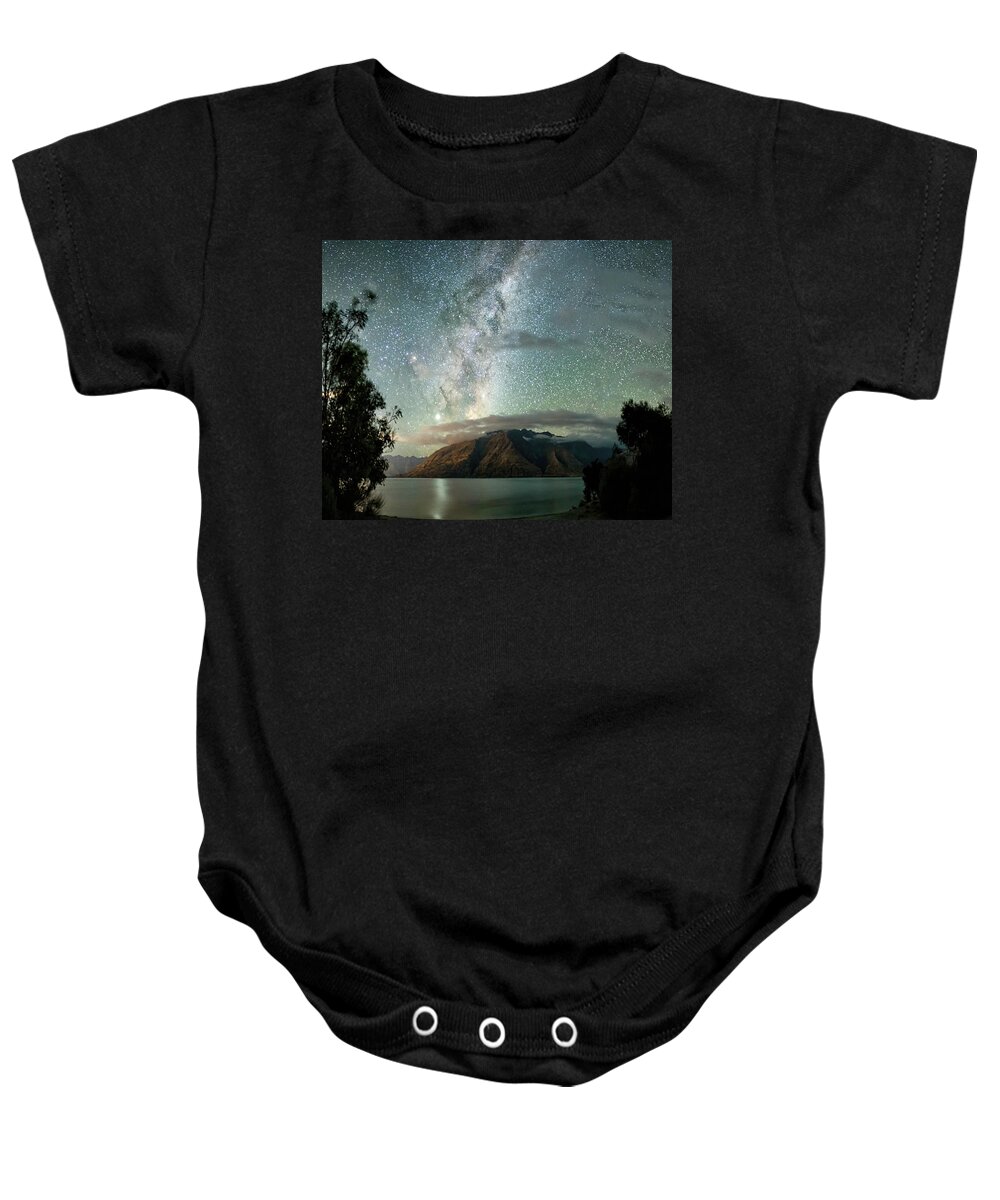 Nikon Z 7 Baby Onesie featuring the photograph Lake Te Anau Southern Hemisphere Night Sky NZ by Lena Owens - OLena Art Vibrant Palette Knife and Graphic Design