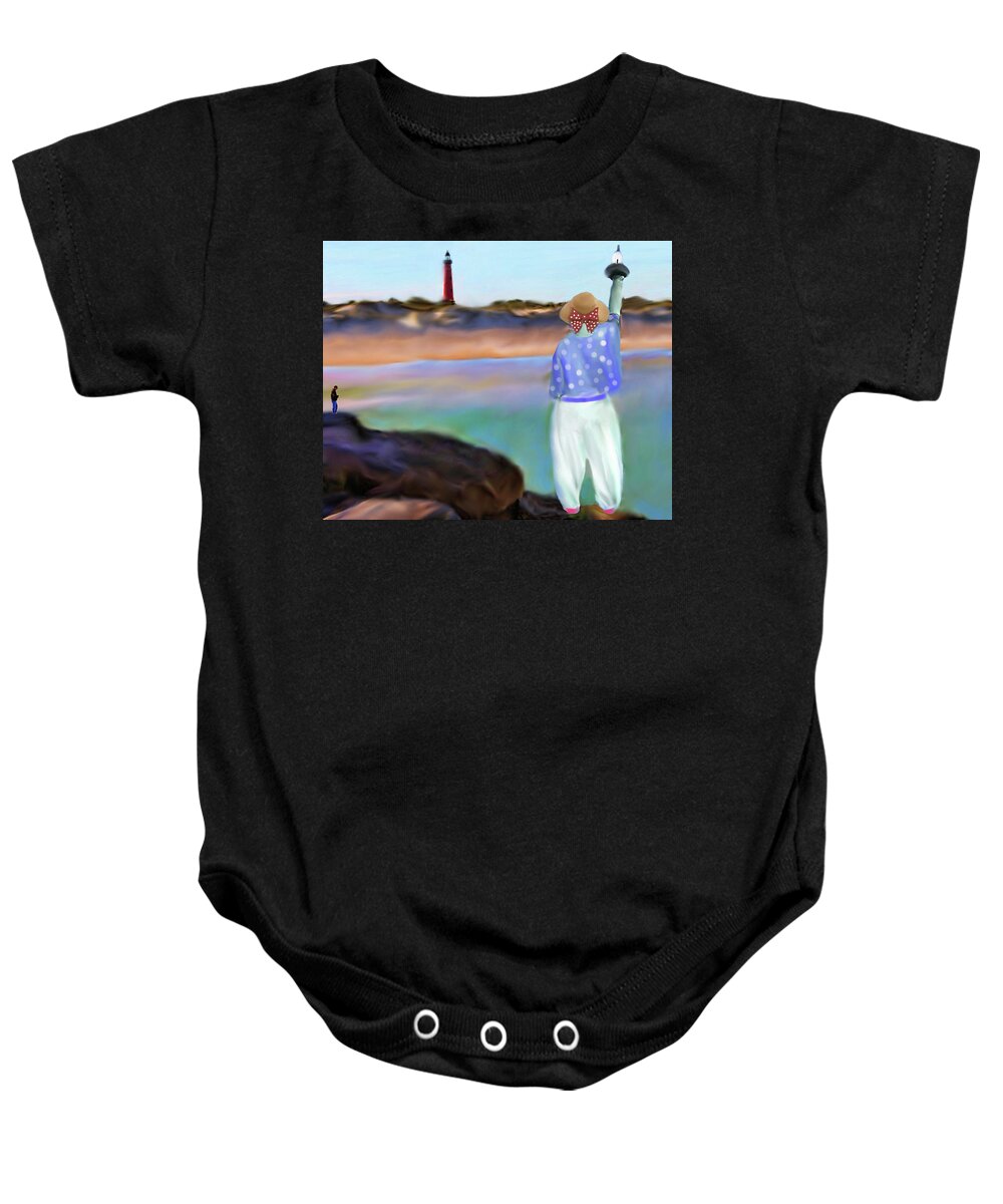 Liberty Baby Onesie featuring the painting Liberty Sees the Ponce Inlet Lighthouse by Deborah Boyd