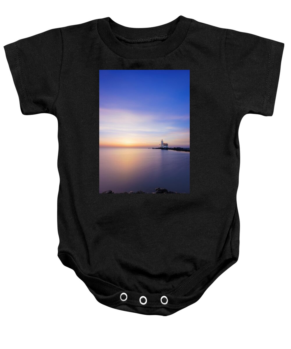  Baby Onesie featuring the photograph Lighthouse Horse of Marken during sunrise by Patrick Van Os