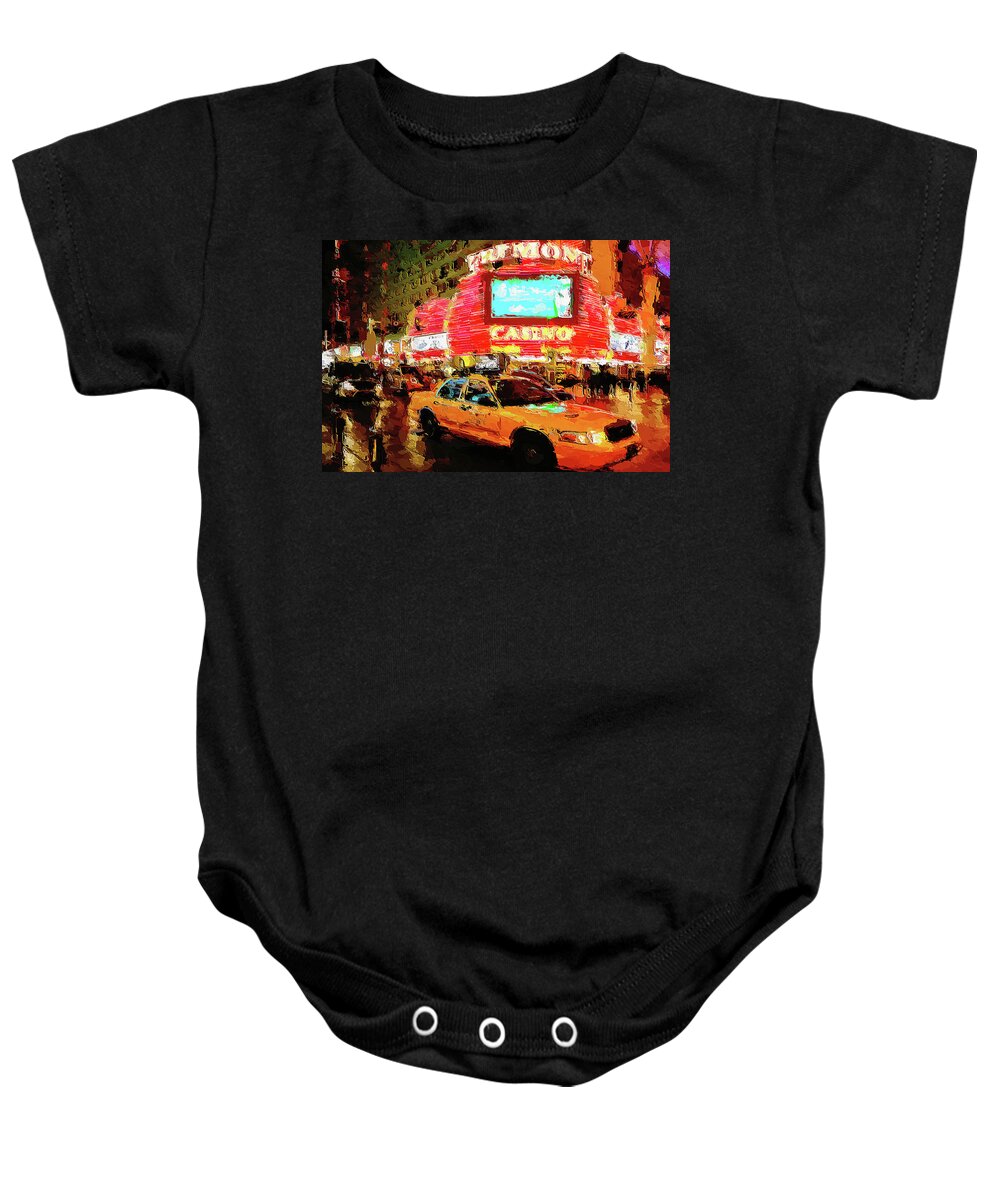 Fremont Casino Baby Onesie featuring the digital art Lights and Action on Fremont Street Experience Las Vegas by Tatiana Travelways