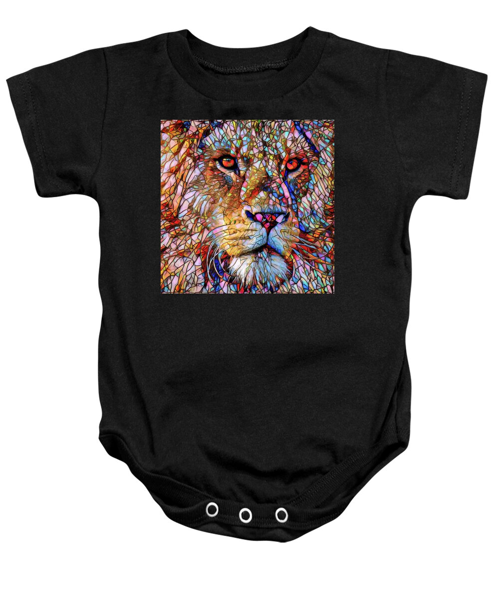 Lion Baby Onesie featuring the digital art Lion Portrait Stained Glass Mosaic Effect by Matthias Hauser